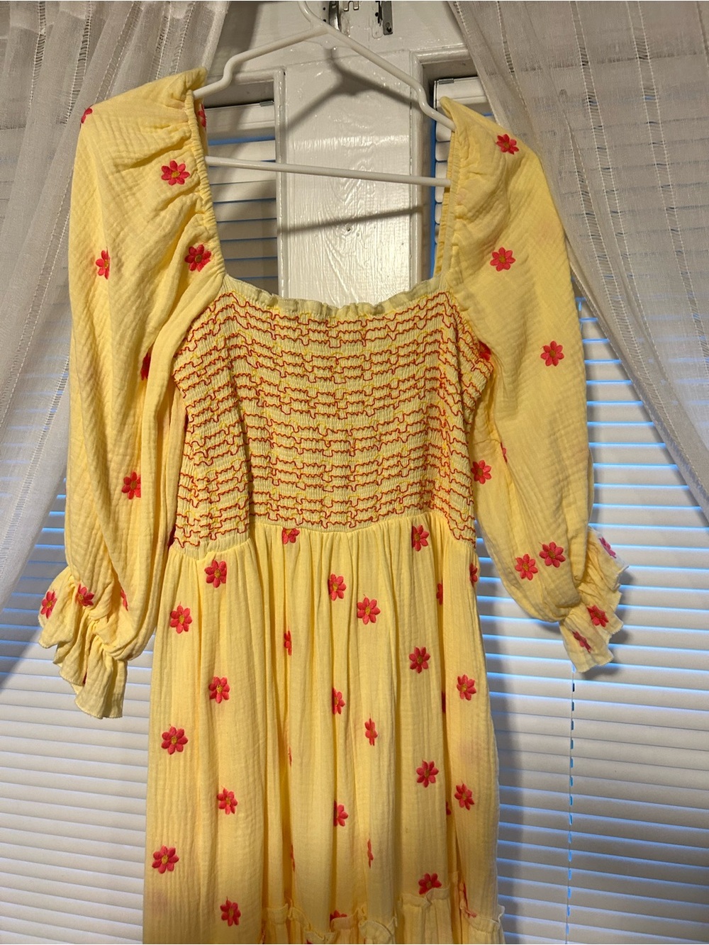 Yellow Smocked Maxi Dress with pinkish-red  Floral Embroidery - Picture 6 of 14